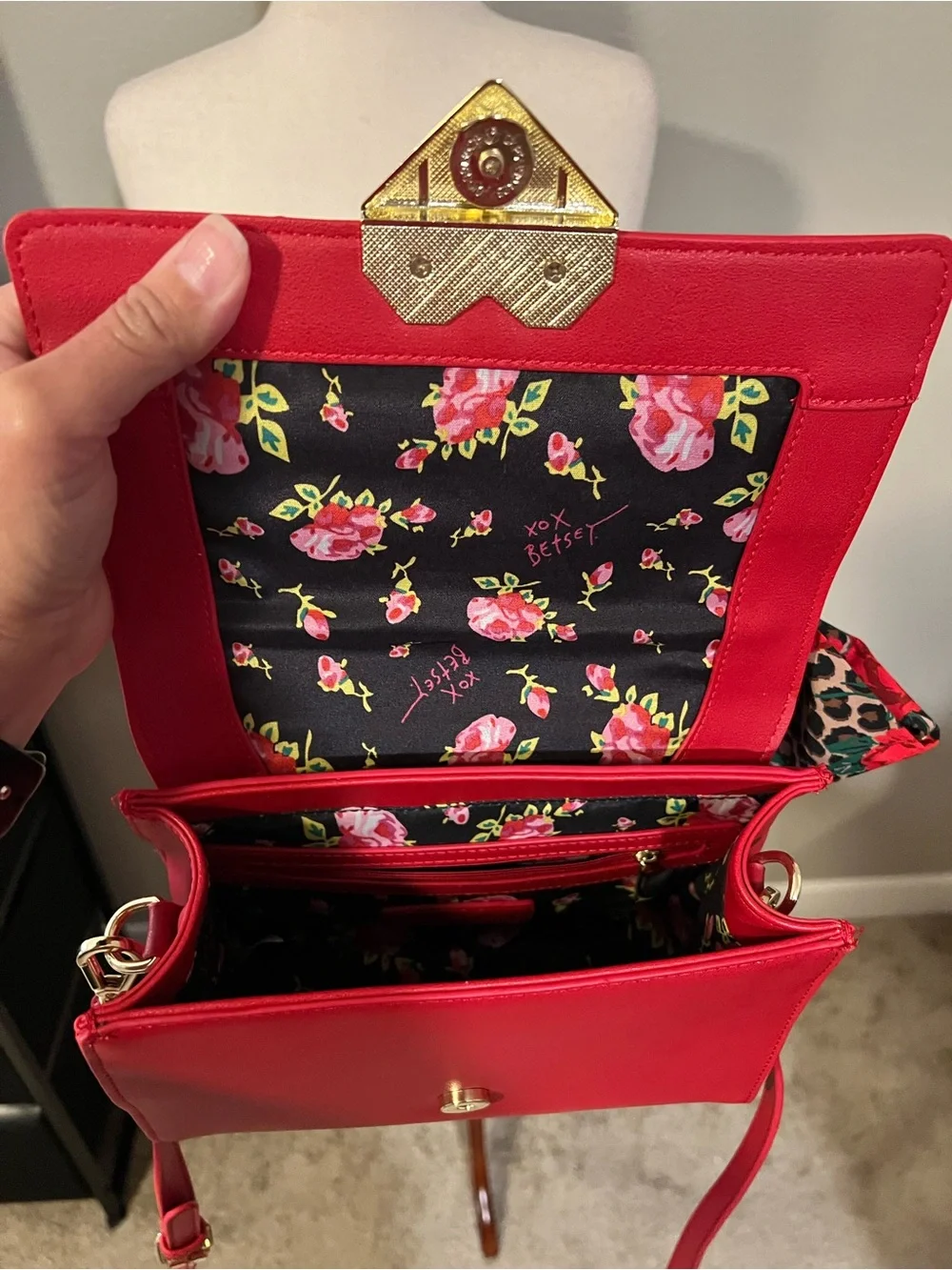 Betsey Johnson Red Satchel with Leopard Scarf and Gold Heart Lock